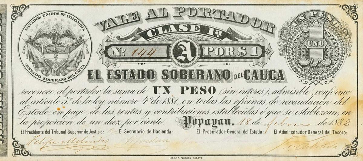 Front of Colombia pS141a: 1 Peso from 1882