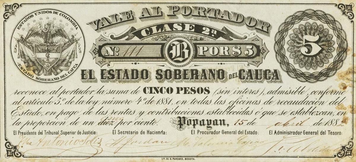 Front of Colombia pS142a: 5 Pesos from 1882
