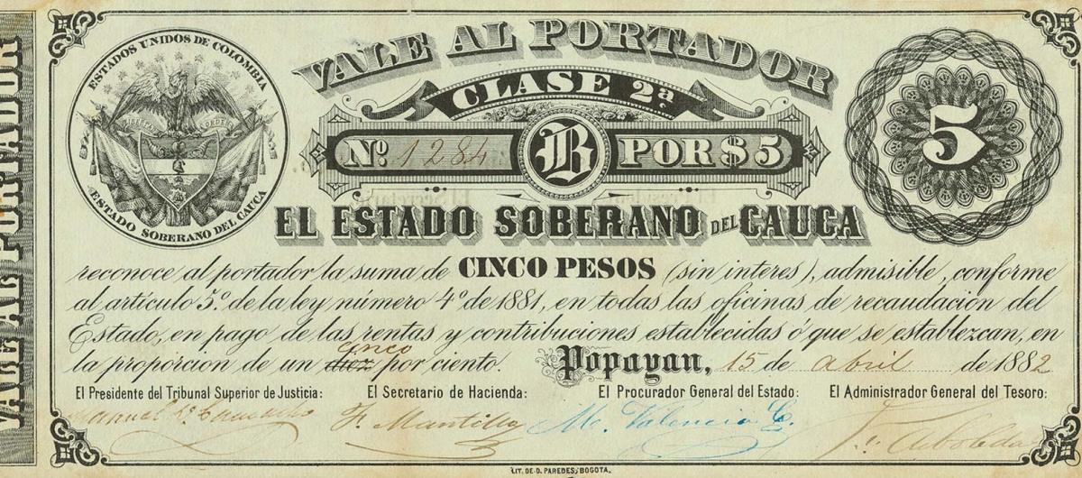 Front of Colombia pS142b: 5 Pesos from 1882