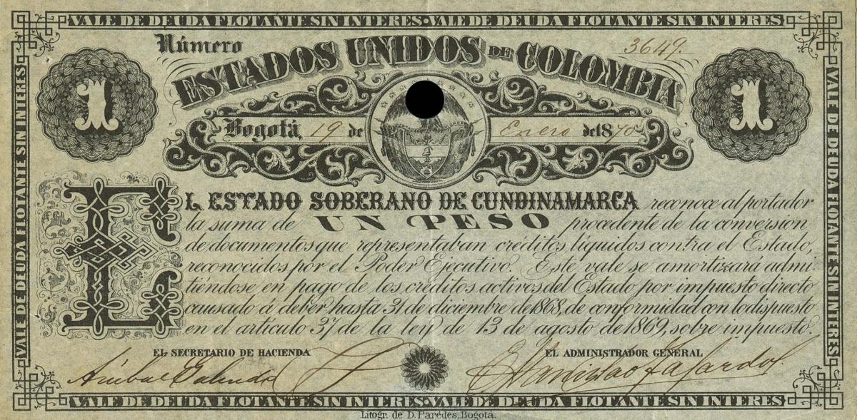 Front of Colombia pS156: 1 Peso from 1869