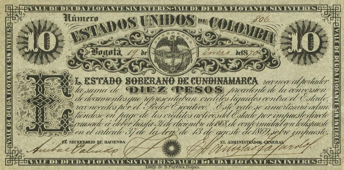 Front of Colombia pS158: 10 Pesos from 1870