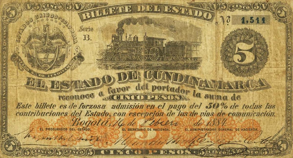 Front of Colombia pS177: 5 Pesos from 1884