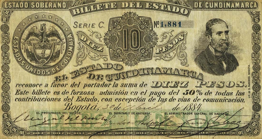 Front of Colombia pS178: 10 Pesos from 1884