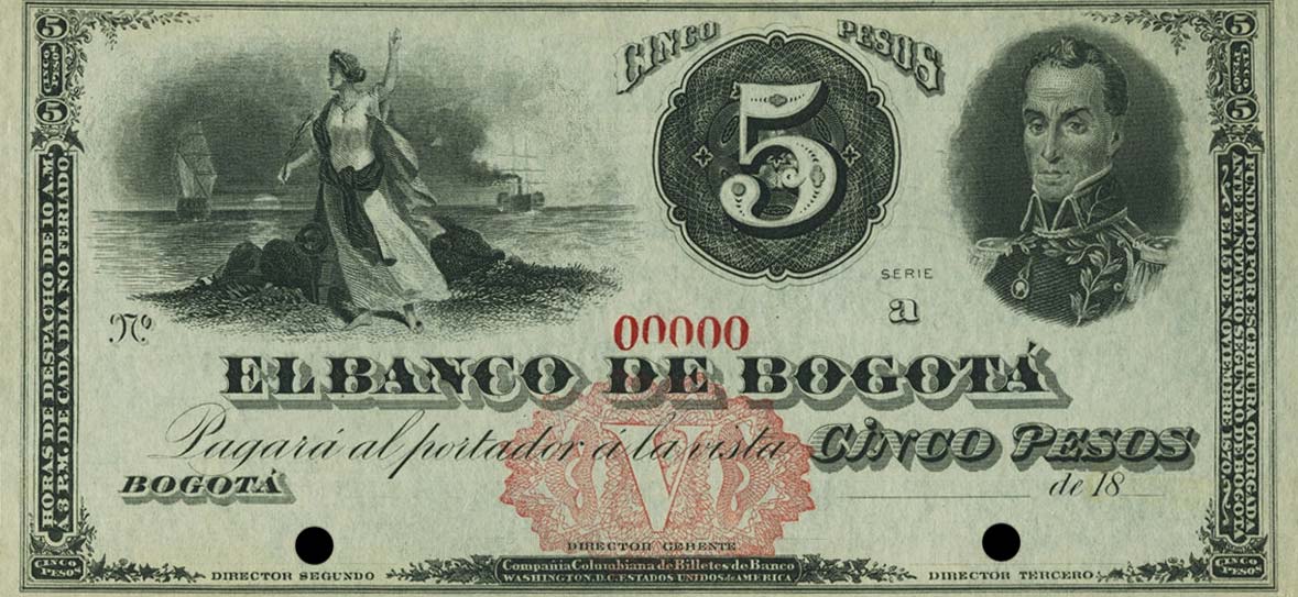 Front of Colombia pS292s: 5 Pesos from 1880