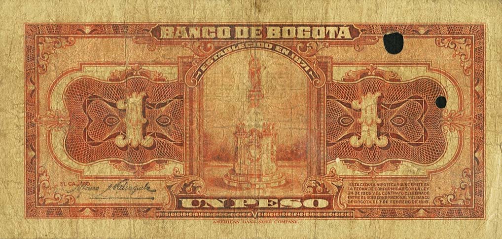 Back of Colombia pS297a: 1 Peso from 1919