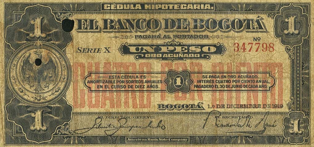 Front of Colombia pS297a: 1 Peso from 1919