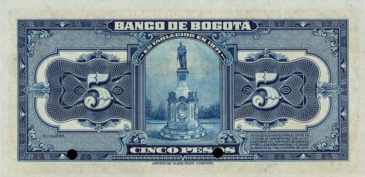 Back of Colombia pS298s: 5 Pesos from 1919