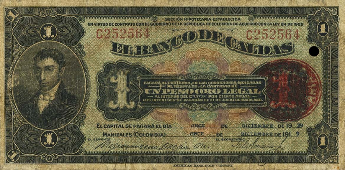 Front of Colombia pS326c: 1 Peso from 1919