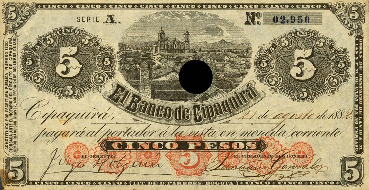 Front of Colombia pS376a: 5 Pesos from 1882