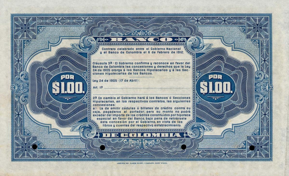 Back of Colombia pS392s: 1 Peso from 1919