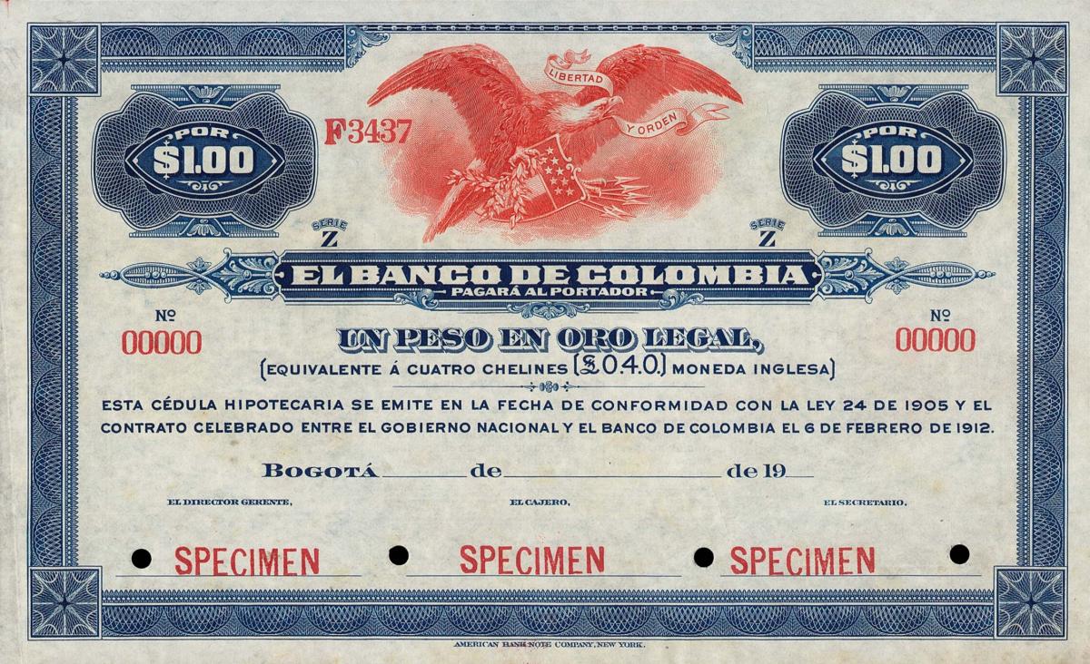 Front of Colombia pS392s: 1 Peso from 1919