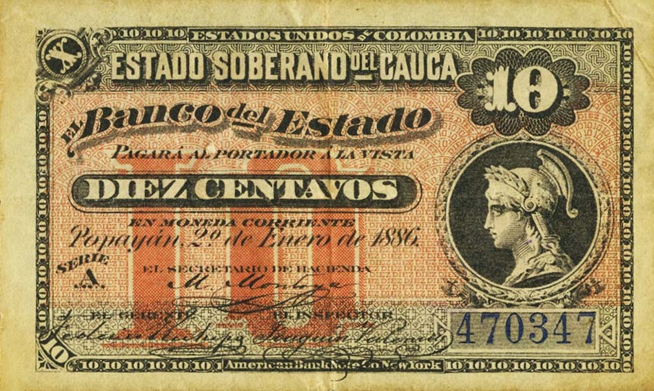 Front of Colombia pS446a: 10 Centavos from 1886