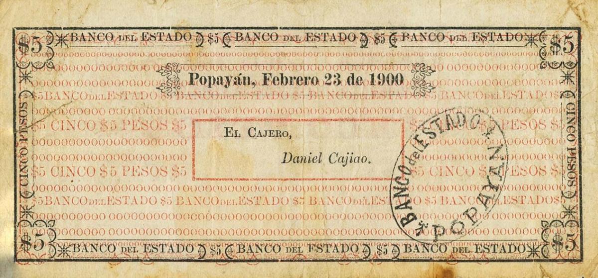 Back of Colombia pS482: 5 Pesos from 1900
