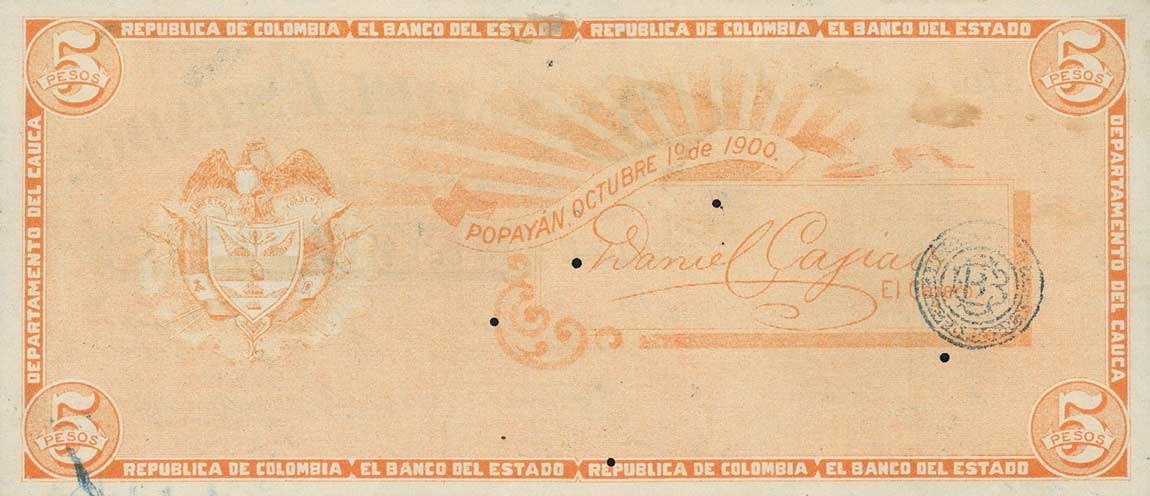 Back of Colombia pS505: 5 Pesos from 1900