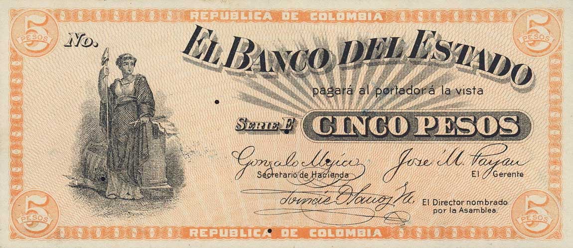 Front of Colombia pS505: 5 Pesos from 1900