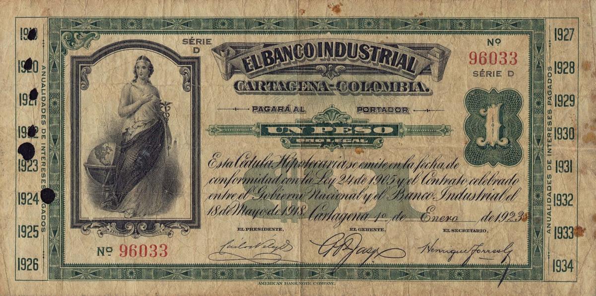 Front of Colombia pS551a: 1 Peso from 1919