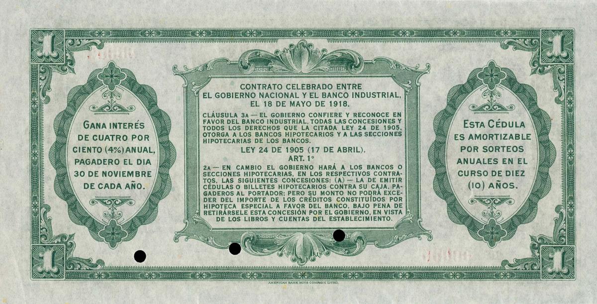 Back of Colombia pS551s: 1 Peso from 1919