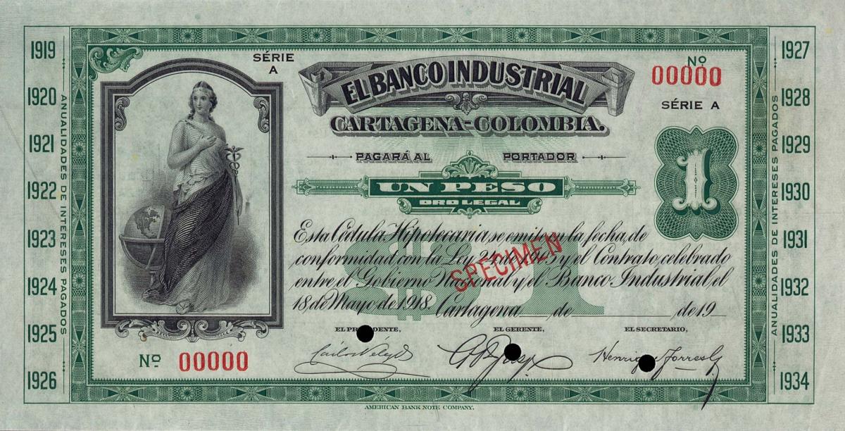 Front of Colombia pS551s: 1 Peso from 1919