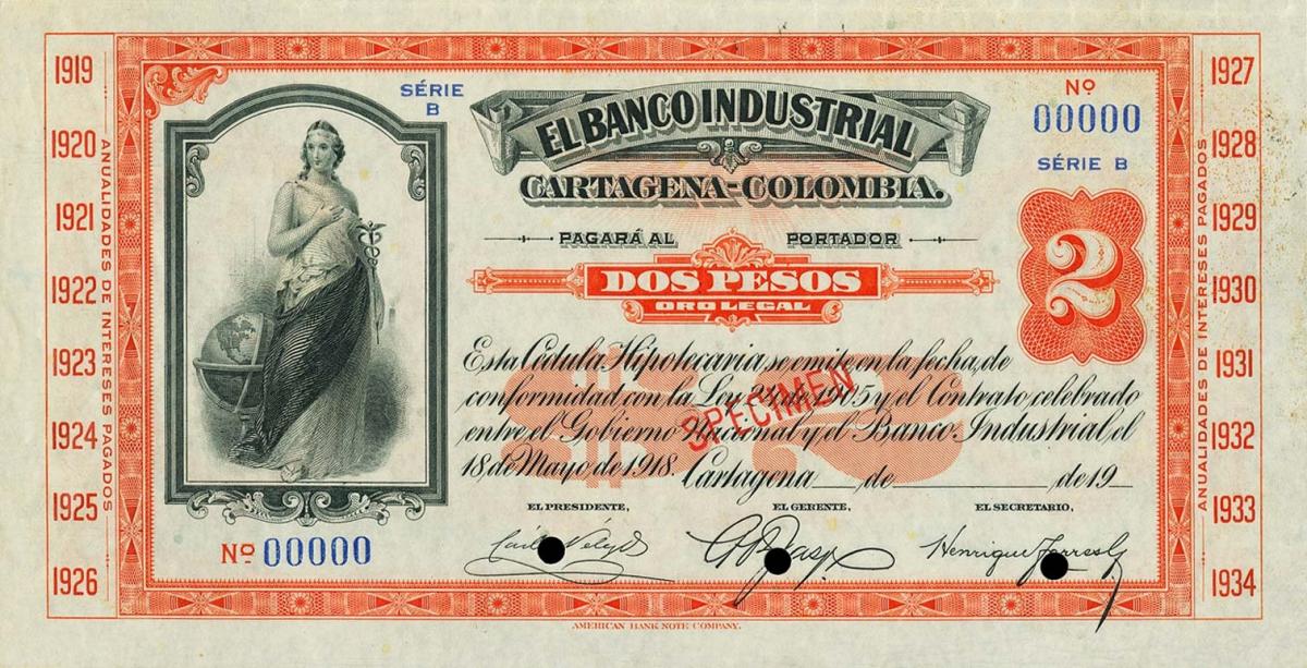 Front of Colombia pS552s: 2 Pesos from 1923