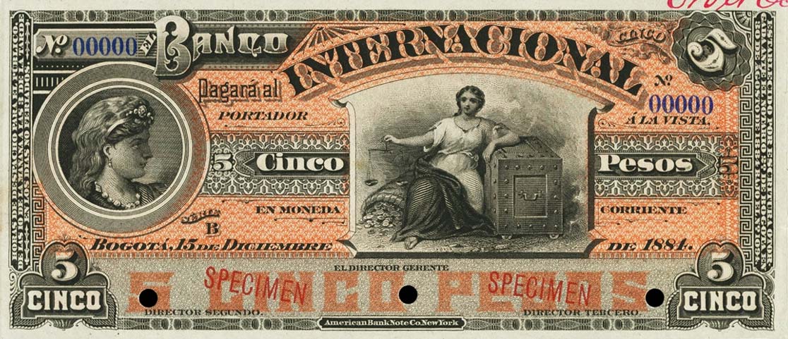 Front of Colombia pS562s: 5 Pesos from 1884