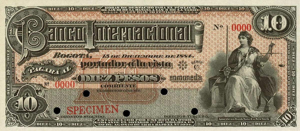 Front of Colombia pS563s: 10 Pesos from 1884