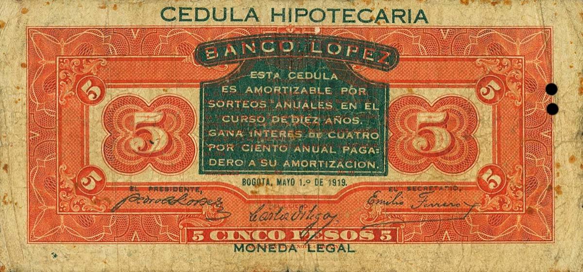 Back of Colombia pS575a: 5 Pesos from 1919