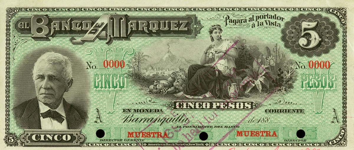 Front of Colombia pS582s: 5 Pesos from 1880