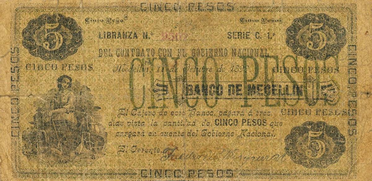 Front of Colombia pS599: 5 Pesos from 1899