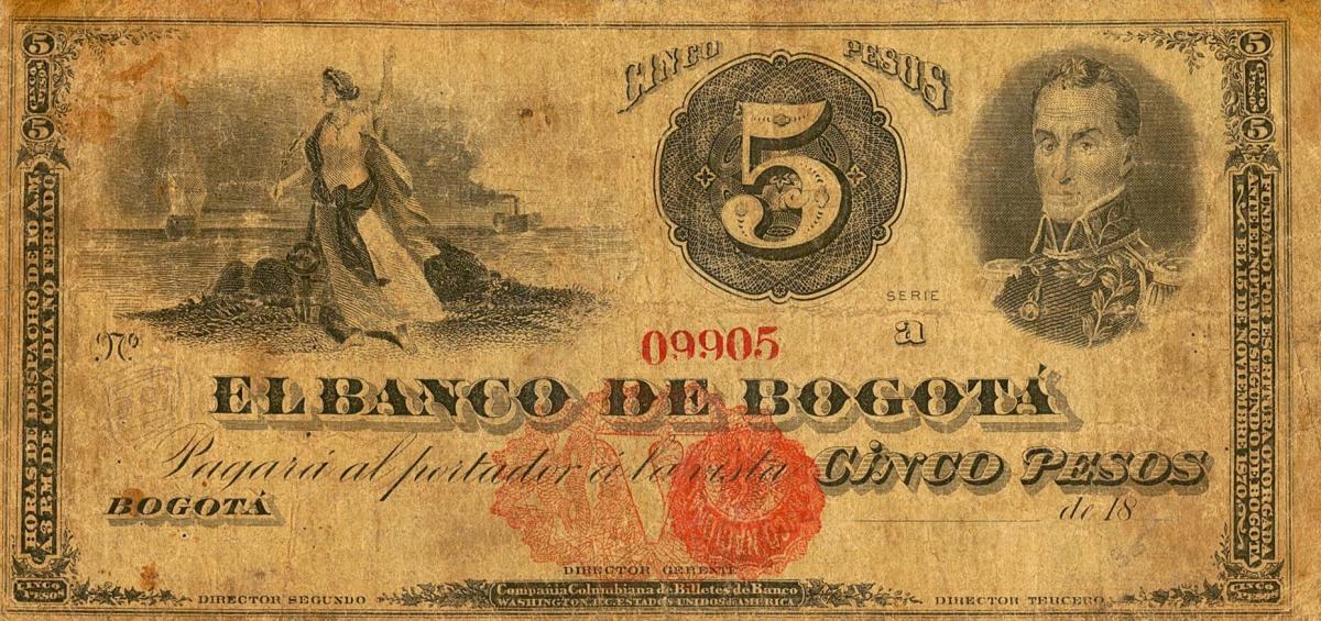 Front of Colombia pS627: 5 Pesos from 1899