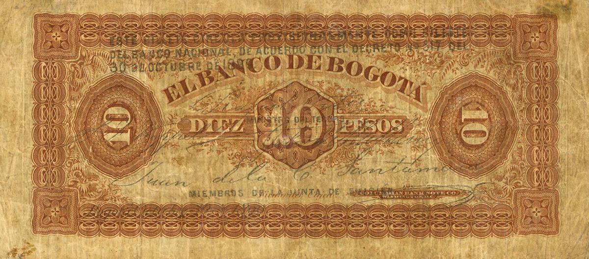 Back of Colombia pS628: 10 Pesos from 1899