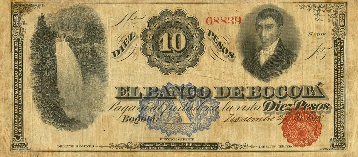 Front of Colombia pS628: 10 Pesos from 1899