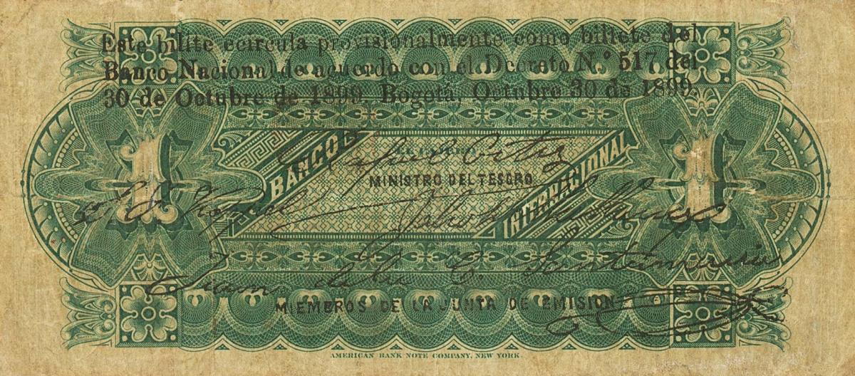 Back of Colombia pS646: 1 Peso from 1899