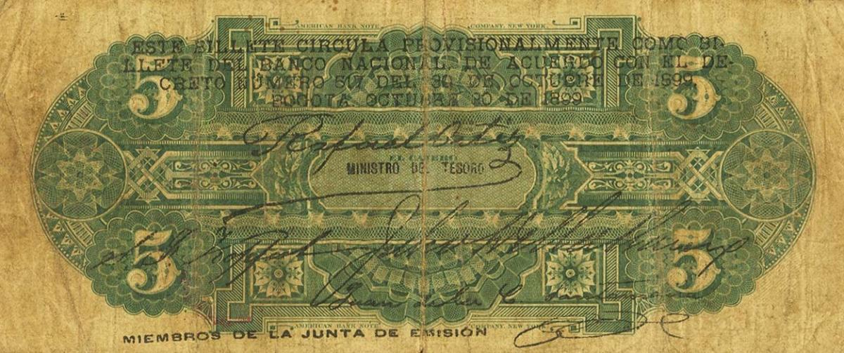 Back of Colombia pS652: 5 Pesos from 1899