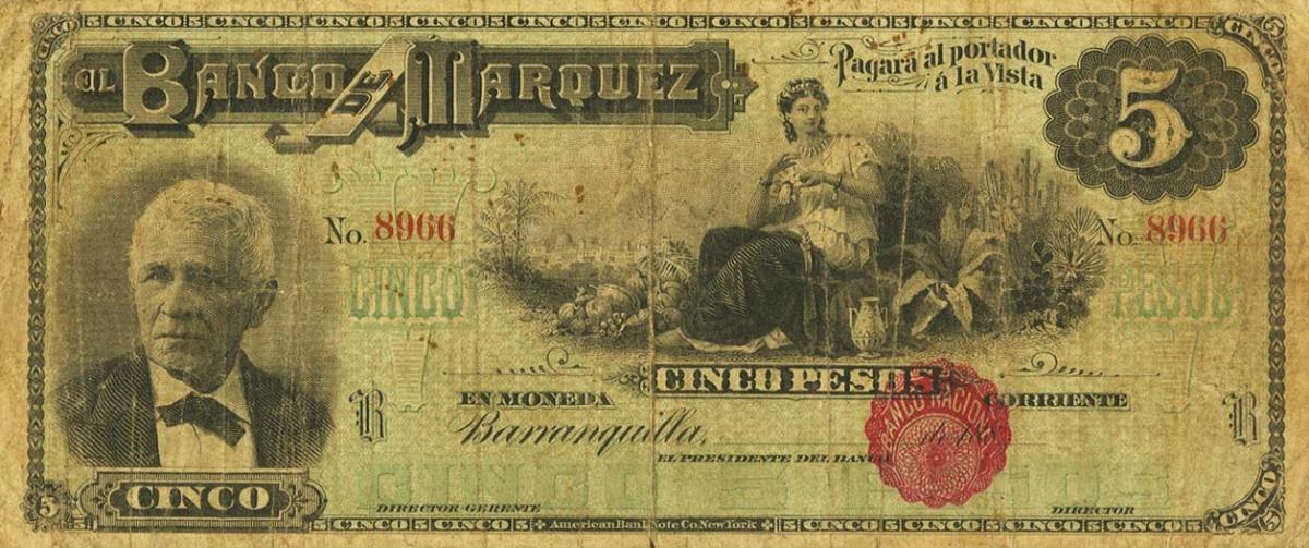 Front of Colombia pS652: 5 Pesos from 1899