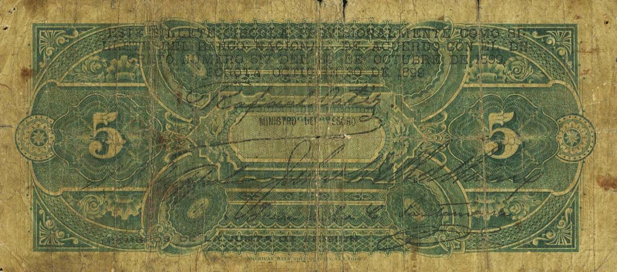 Back of Colombia pS666: 5 Pesos from 1899