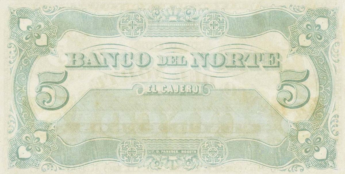 Back of Colombia pS682: 5 Pesos from 1882