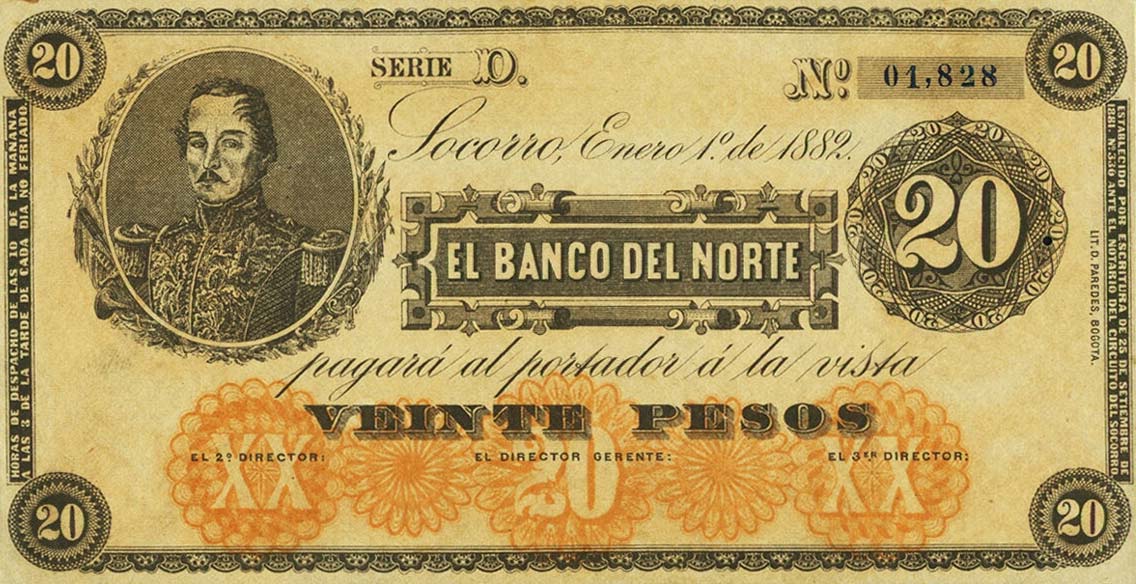 Front of Colombia pS684: 20 Pesos from 1882