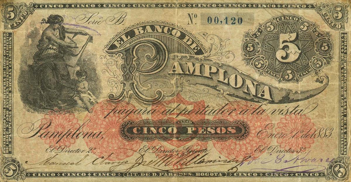 Front of Colombia pS706: 5 Pesos from 1883