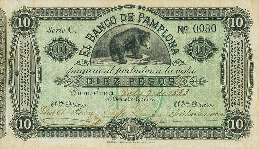 Front of Colombia pS713: 10 Pesos from 1884