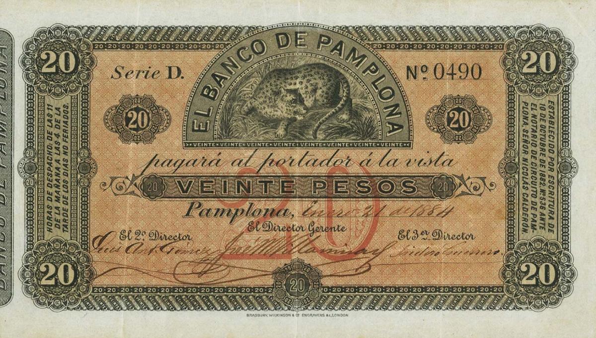 Front of Colombia pS714: 20 Pesos from 1884