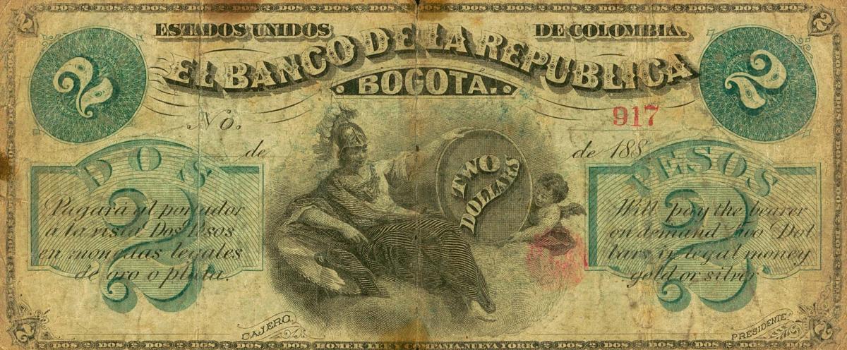 Front of Colombia pS808A: 2 Pesos from 1880