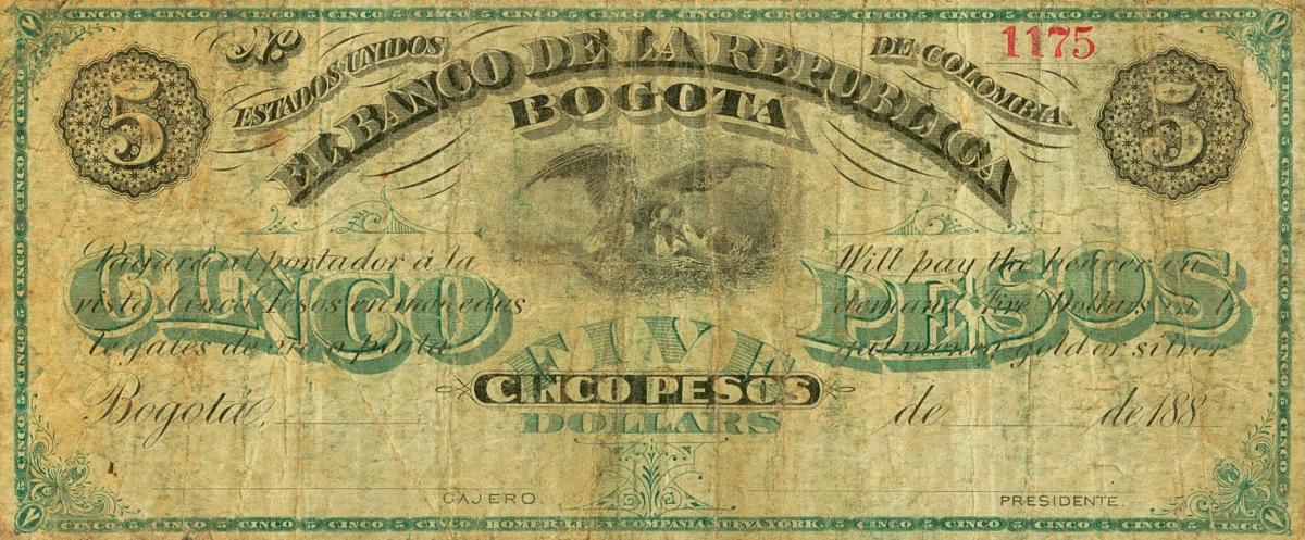 Front of Colombia pS809A: 5 Pesos from 1880