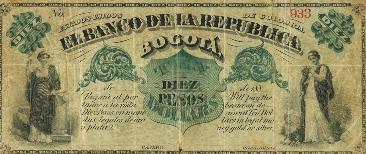 Front of Colombia pS810A: 10 Pesos from 1880