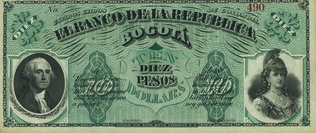 Front of Colombia pS810: 10 Pesos from 1880