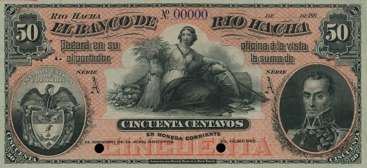 Front of Colombia pS817s: 50 Centavos from 1883