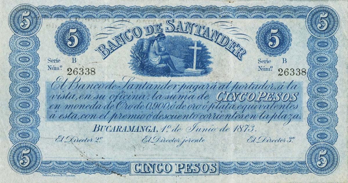 Front of Colombia pS832b: 5 Pesos from 1873