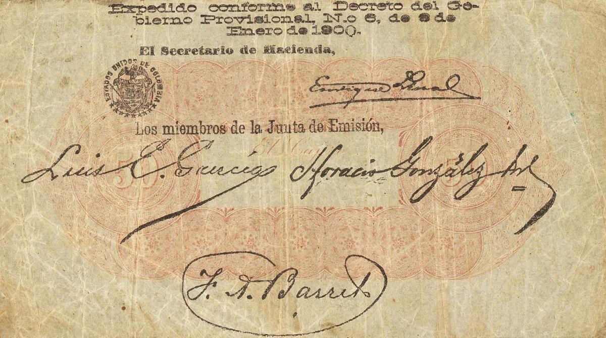 Back of Colombia pS835b: 50 Pesos from 1873