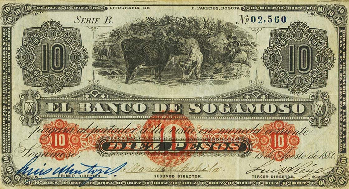 Front of Colombia pS842: 10 Pesos from 1882