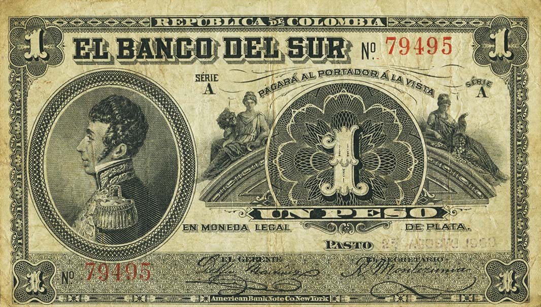 Front of Colombia pS851a: 1 Peso from 1908