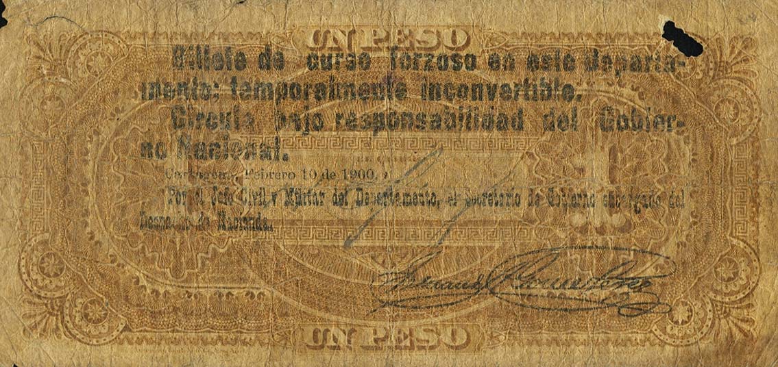 Back of Colombia pS866b: 1 Peso from 1887